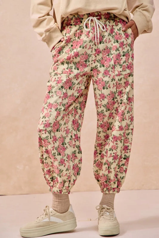 Vibrant Floral Twill Pants with Adjustable Elastic Waistband