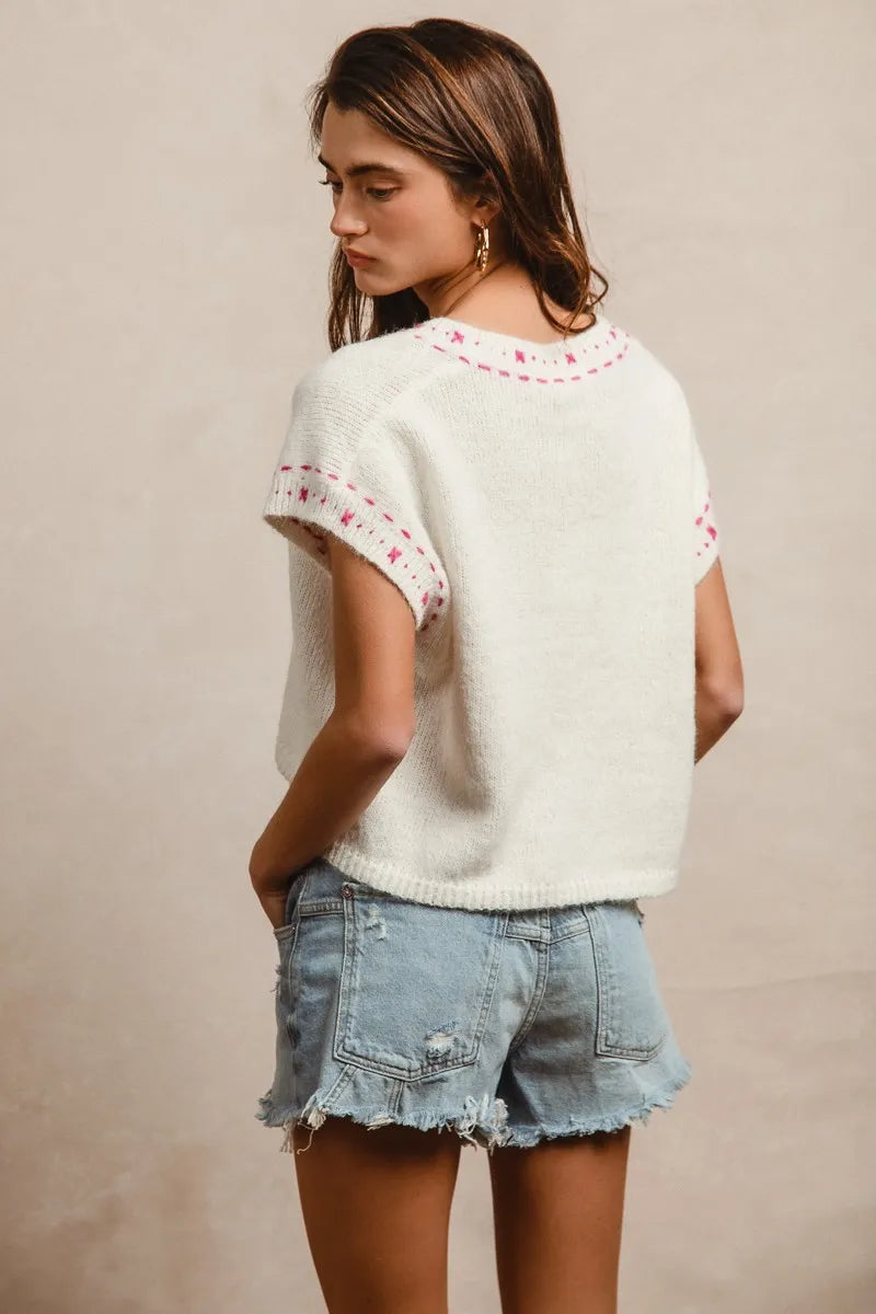 Knit Solid Contrast Stitch Detail Short Sleeves Sweater