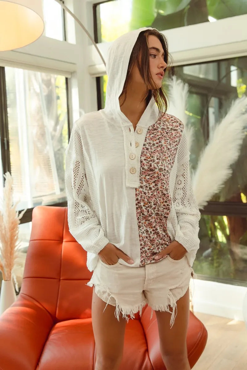 Lace-Accented Buttoned Hoodie Top