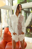 Lace-Accented Buttoned Hoodie Top
