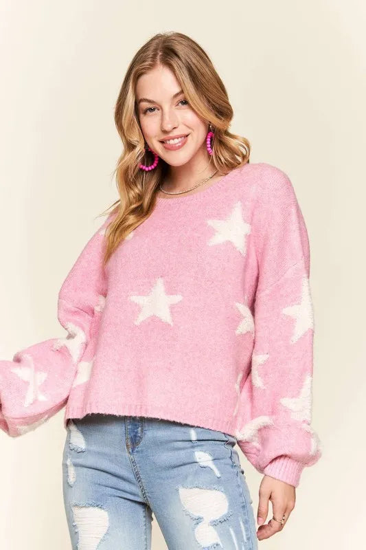 Full Size Star Contrast Round Neck Sweater Plus Size