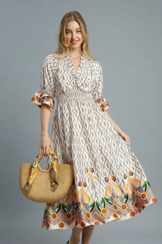 Geometric Diamond Print Boho Midi Dress with Flounce Sleeves