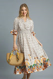 Geometric Diamond Print Boho Midi Dress with Flounce Sleeves