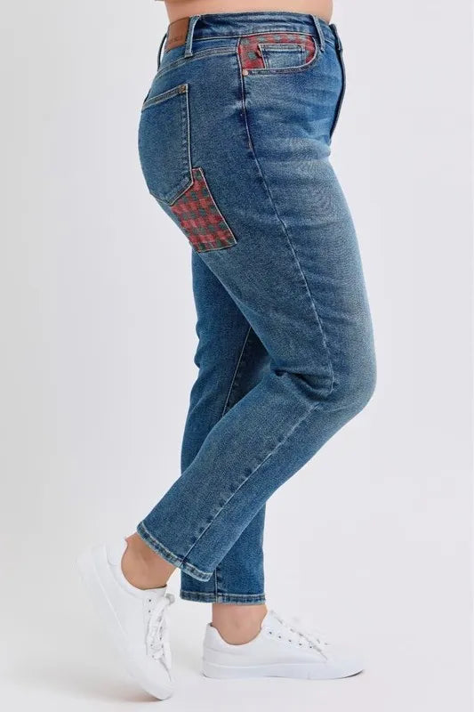 Full Size HW Plaid Patch Slim Fit Jeans Plus Size