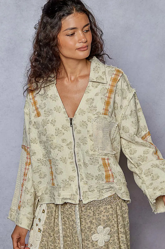 Raw Edge Floral Zip Jacket with Plaid Crochet Accents