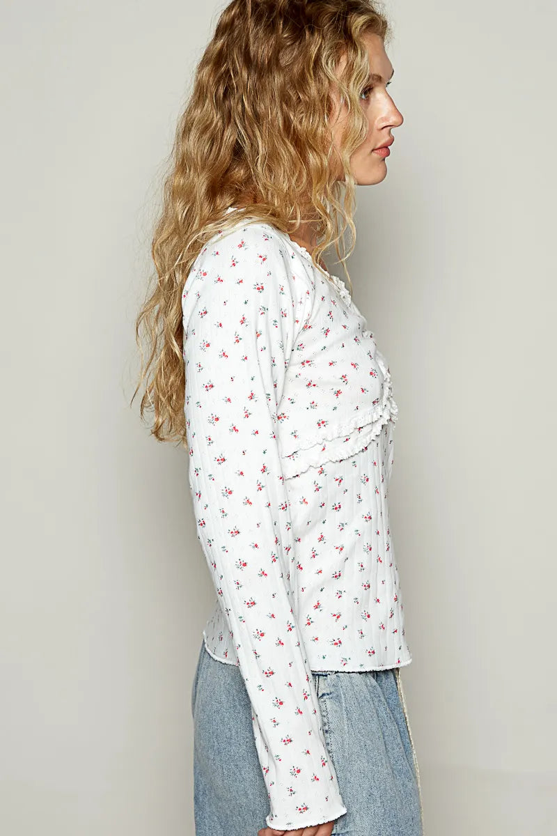Romantic Floral Long Sleeve V-Neck Top