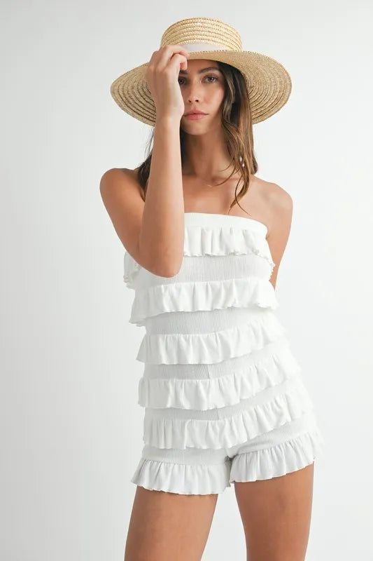 Pointelle Knit Fabric Ruffled Tube Romper
