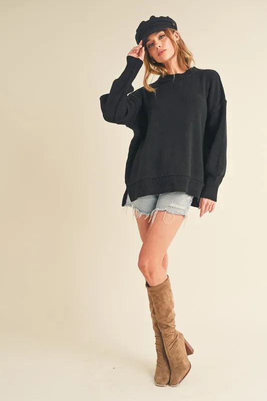 Ribbed Hem Side Slit Round Neck Sweater