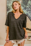 Boucle Sweater Knit Short Sleeve Henley Top