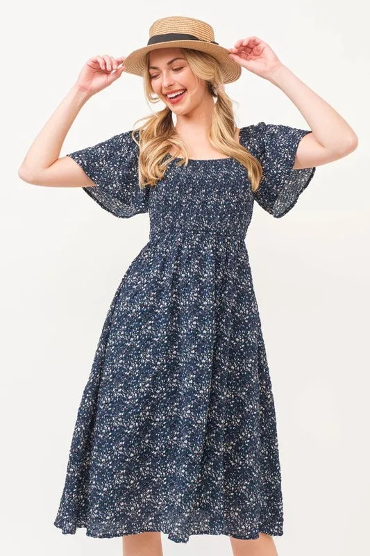 Smocked Floral Print Flutter Sleeve Midi Dress