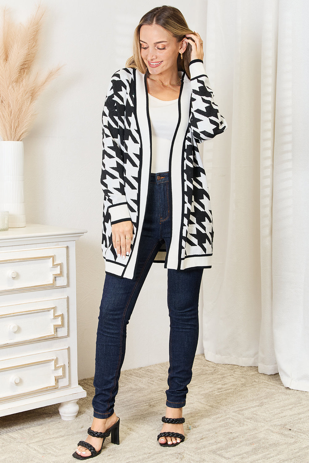 Mandy Classic Houndstooth Long Open-Front Cardigan