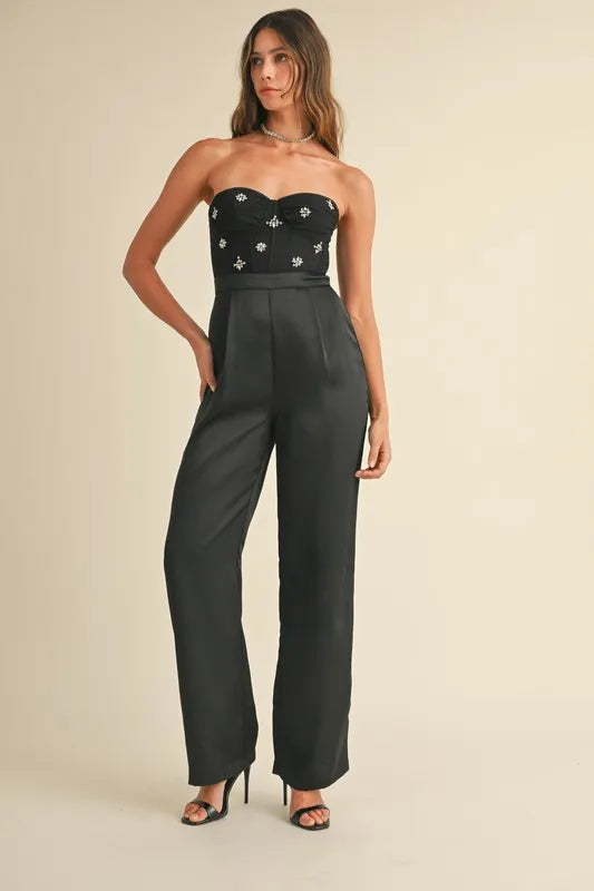 Rhinestone Applique Bustier Jumpsuit