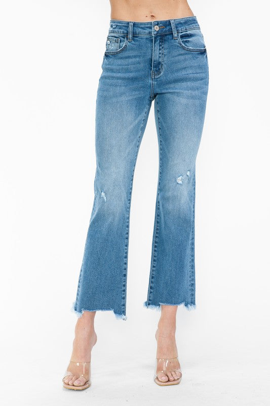 Raw Hem Distressed Mid Rise Crop Jeans