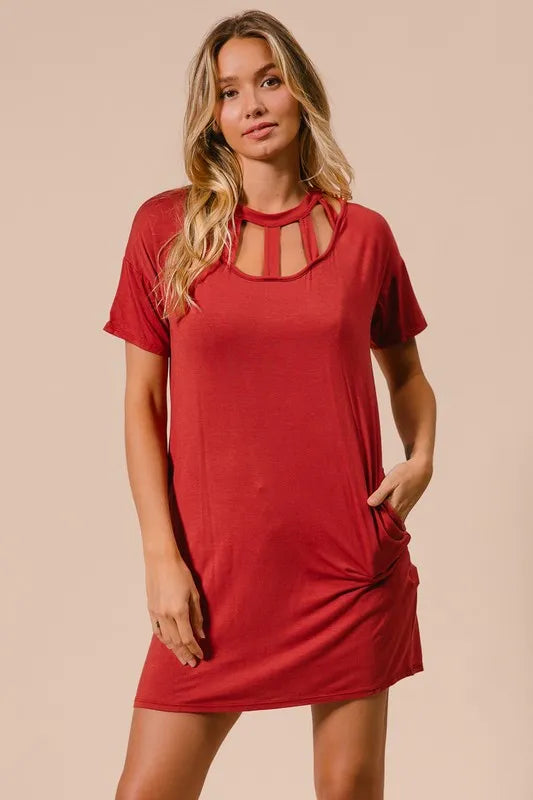 Front Cutout Mini Tee Dress with Pockets