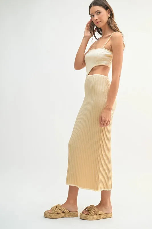 Ribbed Knit Color Block Cutout Midi Dress