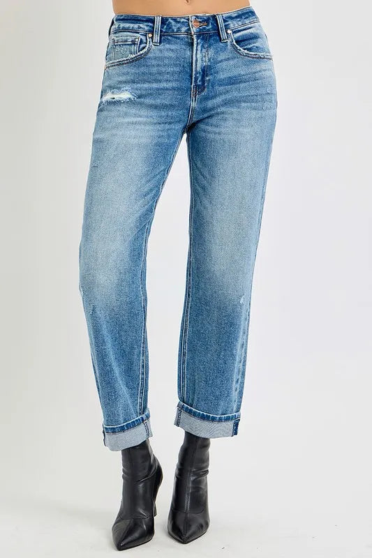 High Rise Ankle Boyfriend Distressed Jeans