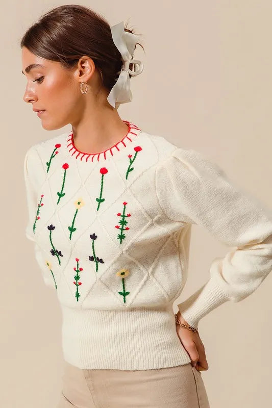 Small Flower Embroidered Sweater Top