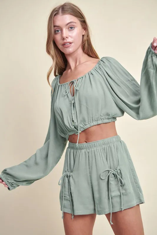 Gauze Long Sleeve Button Crop Top and Short Set