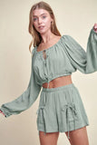 Gauze Long Sleeve Button Crop Top and Short Set