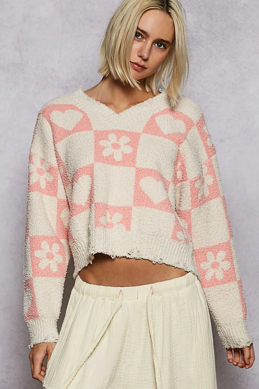 Chic V-Neck Fleece Checkered Pullover Sweater