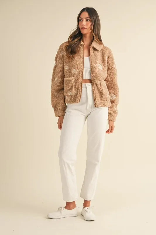 Floral Embroidered Fleece Teddy Jacket