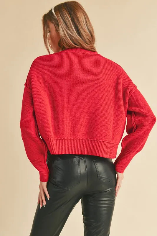 Ribbed Hem Exposed Seam Round Neck Sweater