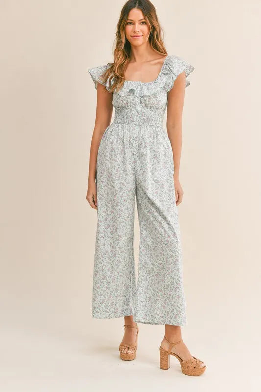 Floral Print Ruffled Cap Sleeve Jumpsuit