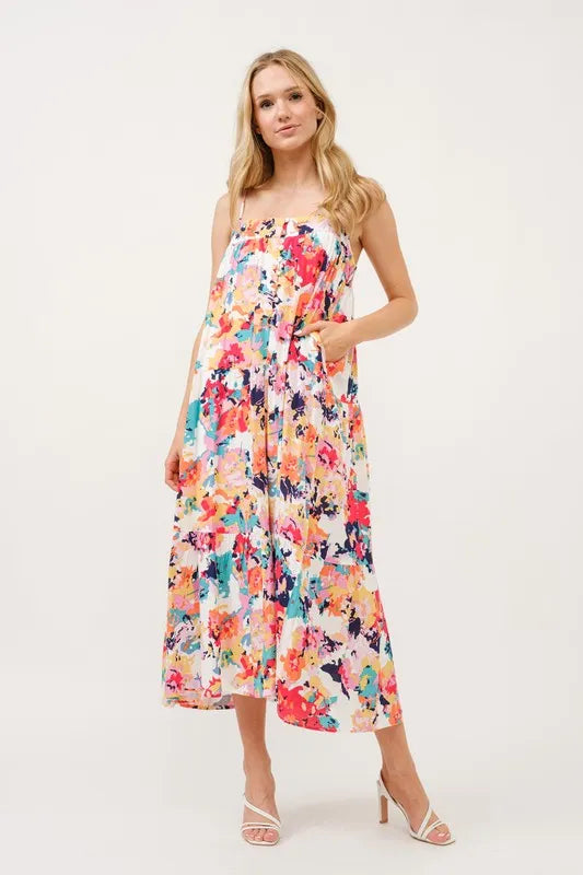 Tiered Floral Midi Cami Dress with Pockets