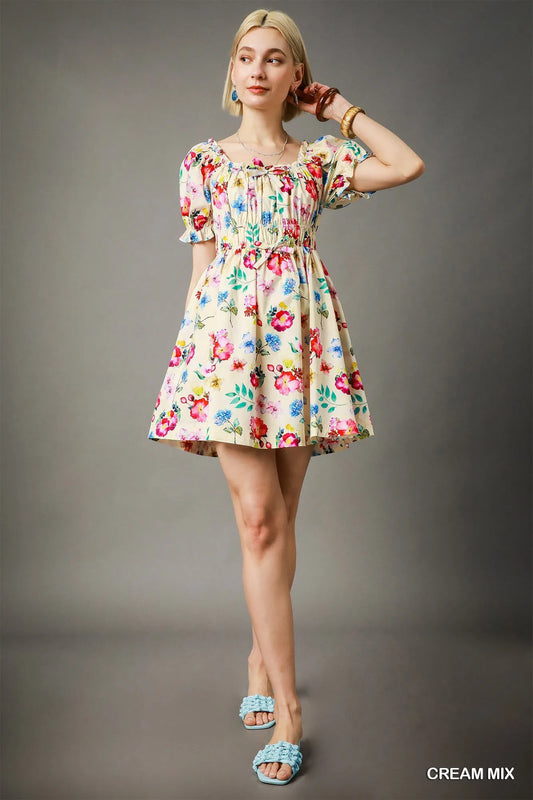 Off-Shoulder Floral Puff Sleeve Mini Dress