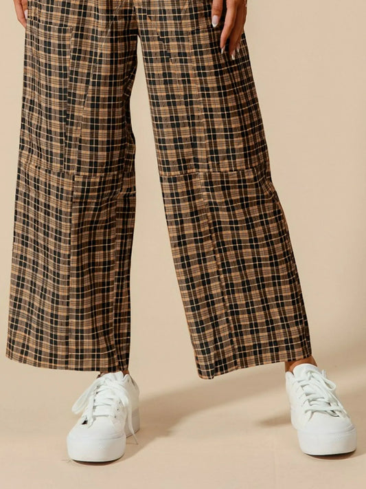Plaid Wide-Leg Pants with Large Patch Pockets