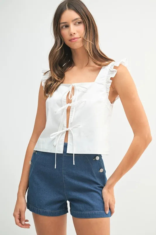 Poplin Ruffle Strap Front Self Tie Top
