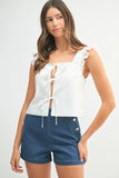 Poplin Ruffle Strap Front Self Tie Top