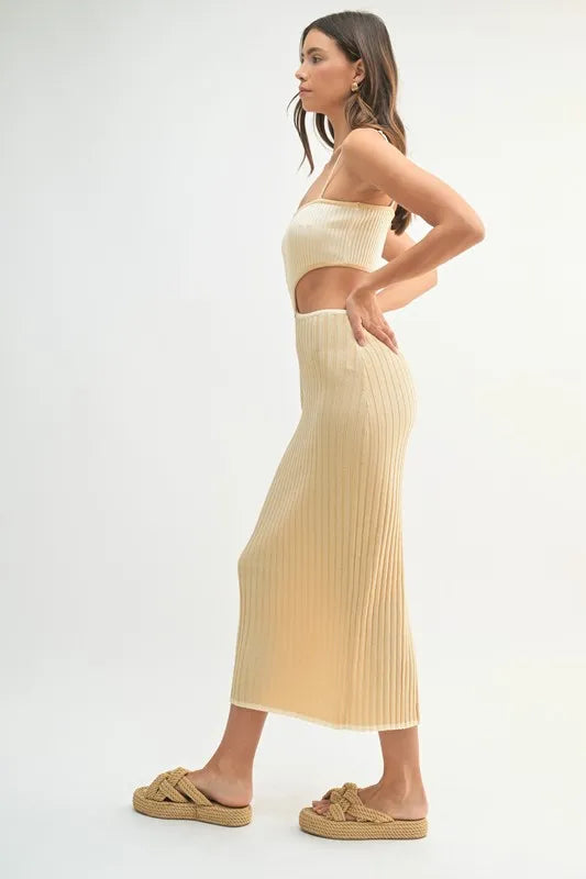 Ribbed Knit Color Block Cutout Midi Dress