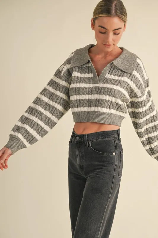 Pale Collared Striped Cropped Cable Knit Sweater