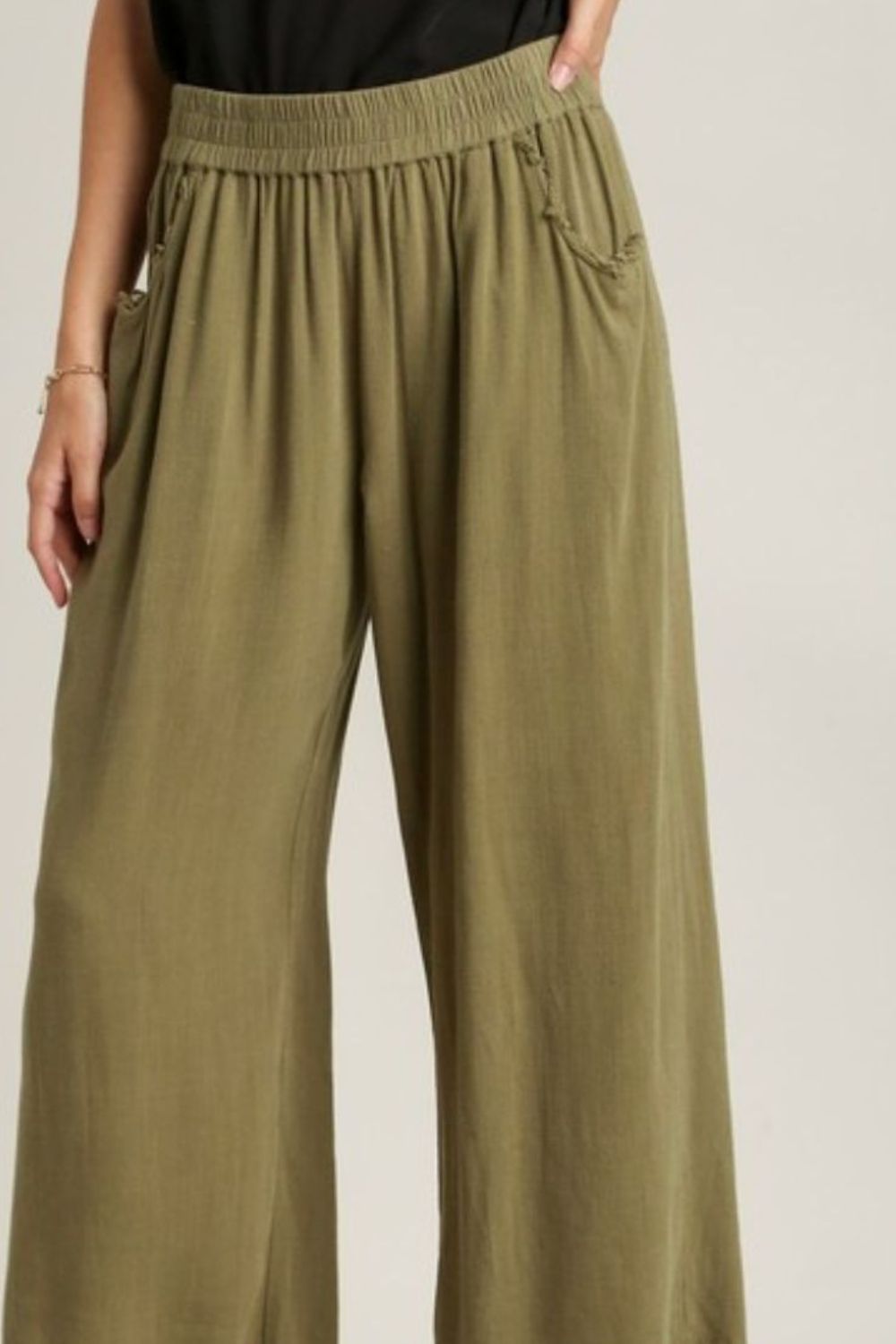 Full Size Linen Blend Elastic Waistband Wide Leg Pants Plus Size