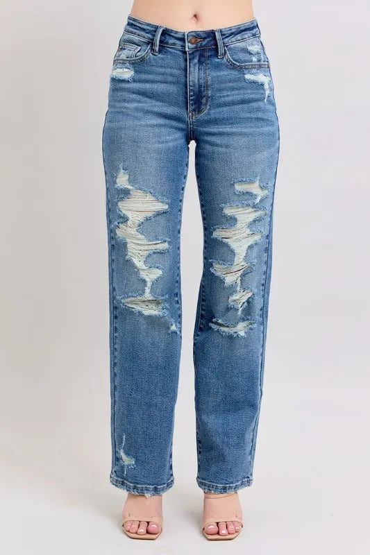 Full Size High Waist Heavy Destroy Straight Jeans Plus Size