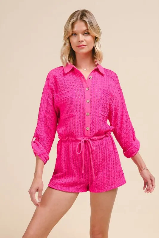 Textured Knit Button Front Romper