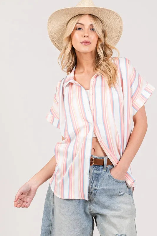 lti Stripe Button Down Short Sleeve Shirt