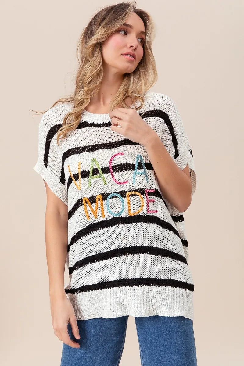 Vacay Mode Lettering Drop Shoulder Striped Sweater