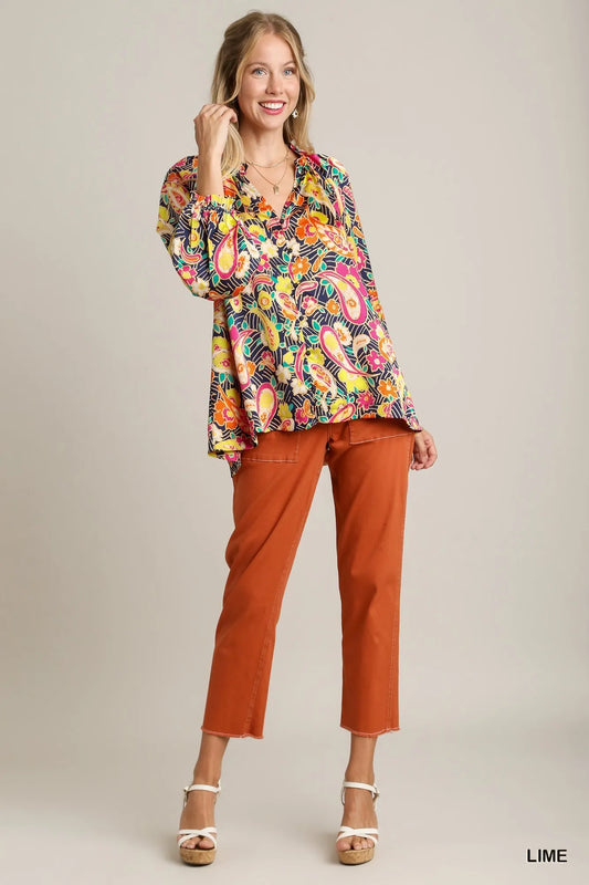 Full Size Satin Paisley Balloon Sleeve Button-Down Blouse