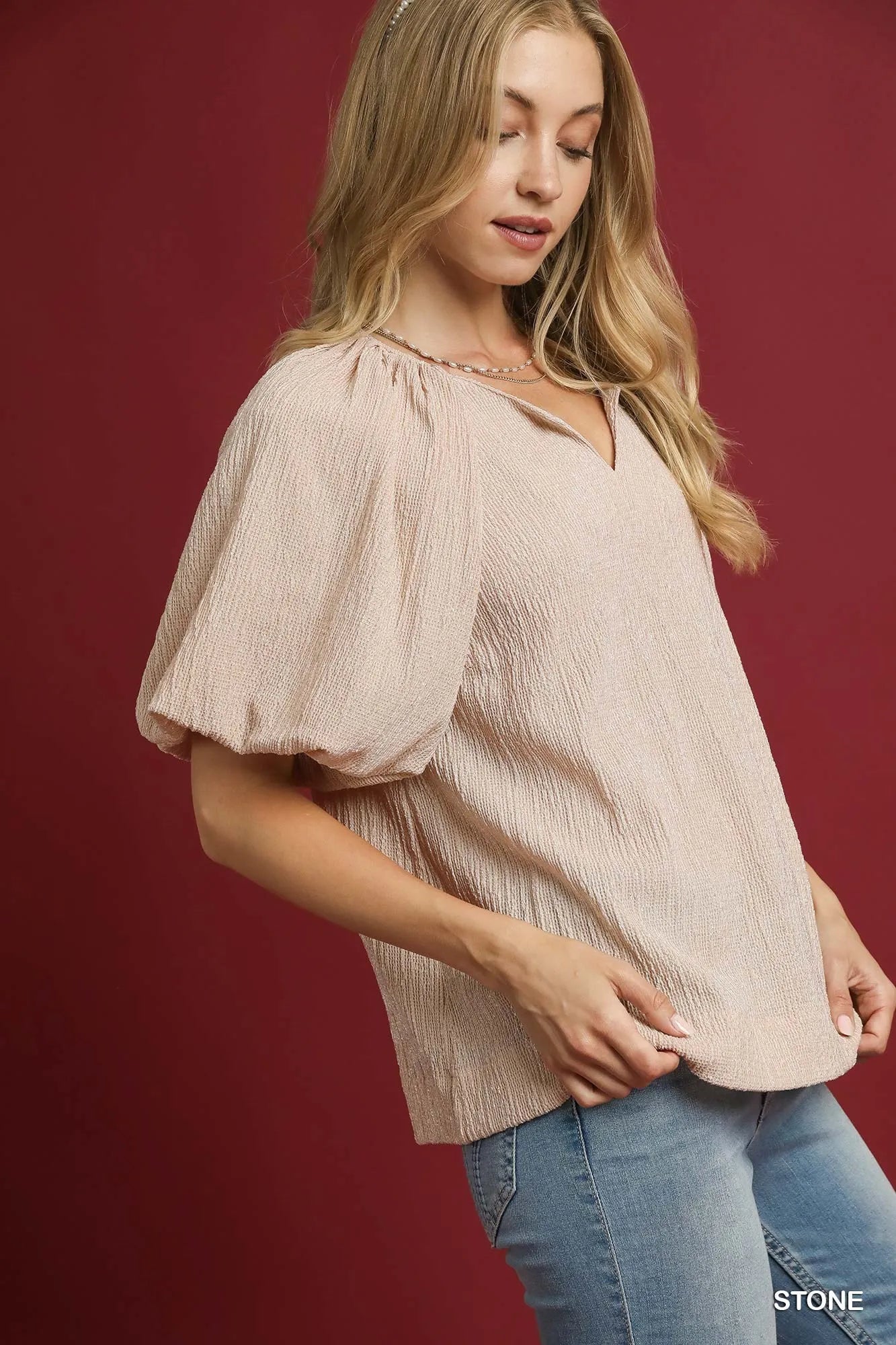 Textured V-Neck Puff Sleeve Blouse