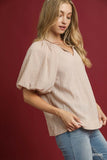 Textured V-Neck Puff Sleeve Blouse