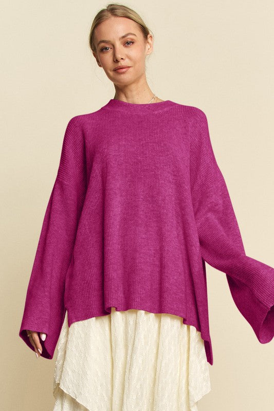 High-Low Round Neck Drop Shoulder Sweater