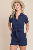 Collared Button Down Romper with Tie Belt