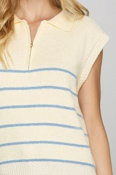 Full Size Ribbed Hem Striped Half Zip Sweater Vest Plus Size