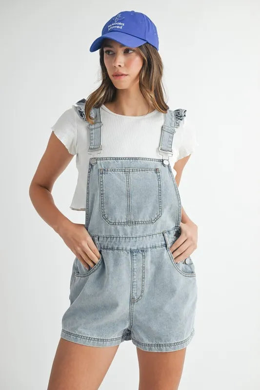 Square Neck Ruffle Shoulder Denim Overall Romper