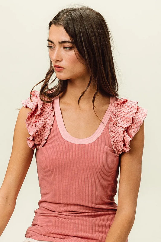 Textured Lace Ruffle Ribbed Knit Camisole