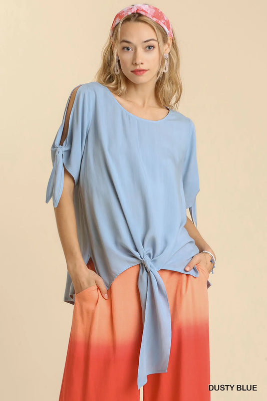 Cold Shoulder Round Neck Top with Knot-Tie Details and Side Slits