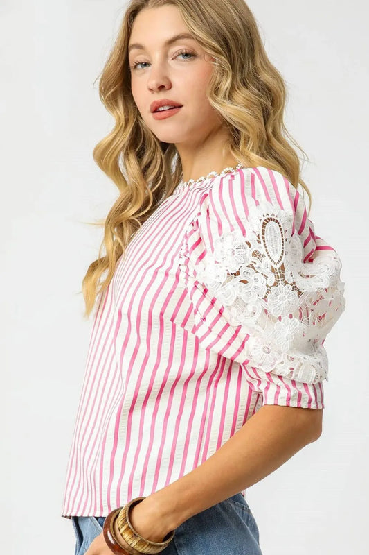 Pink Striped Lace Sleeve Blouse