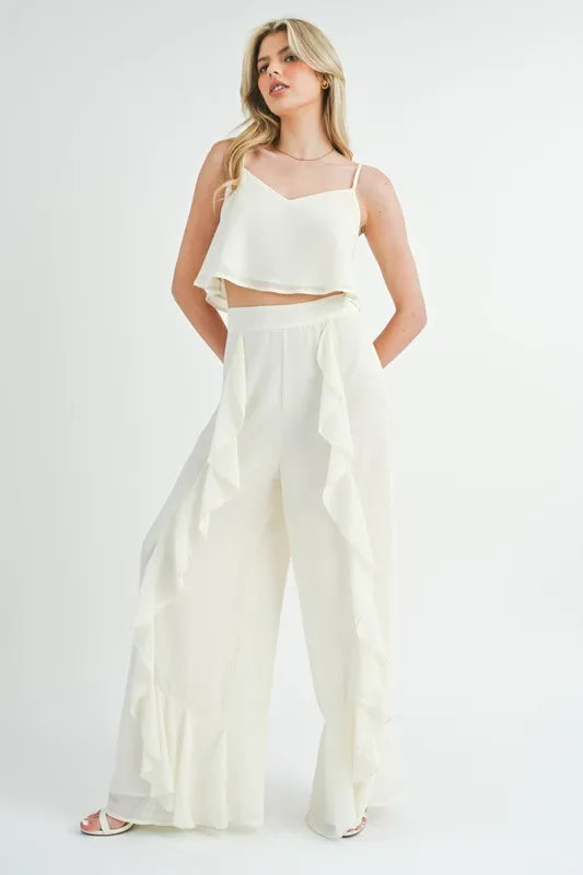 Crop Cami and Ruffled Wide Leg Pants Set